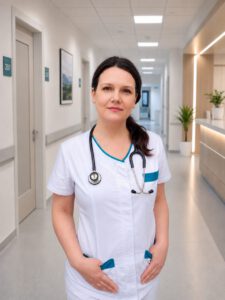Lekárka so stetoskopom na chodbe ambulancie všeobecného lekára